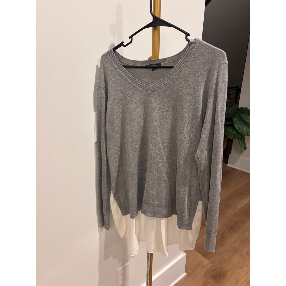 Adrianna Papell Womens Grey Mixed Media V-Neck Layered Sweater Size L AD1S300472